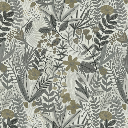Neutral botanical fabric with gray, sage green & olive leaves and flowers in a repeating floral pattern.