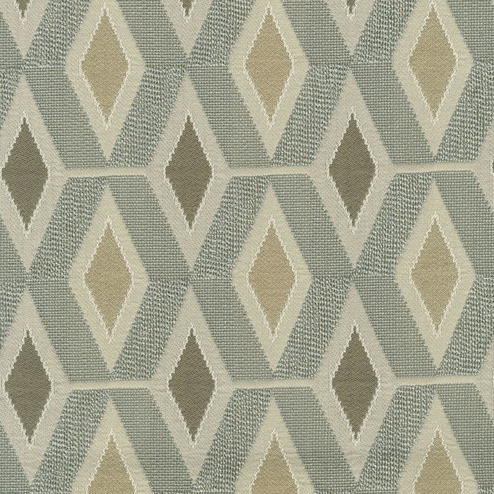 Woven geometric fabric with a repeating diamond lattice in beige, sage and taupe on a muted blue-gray background.