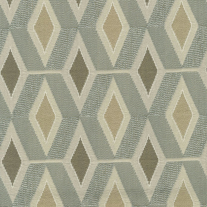 Woven geometric fabric with a repeating diamond lattice in beige, sage and taupe on a muted blue-gray background.