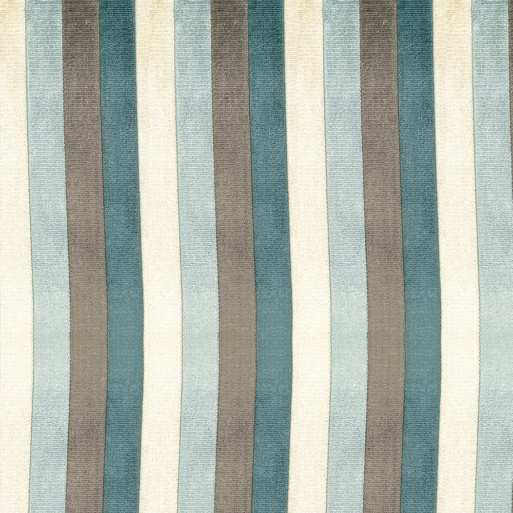 Vertical striped rug in cream, beige, blue, teal and taupe tones.