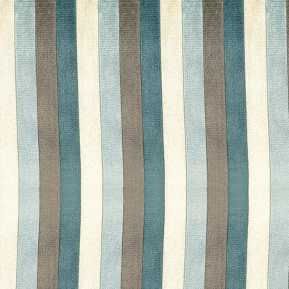 Vertical striped rug in cream, beige, blue, teal and taupe tones.