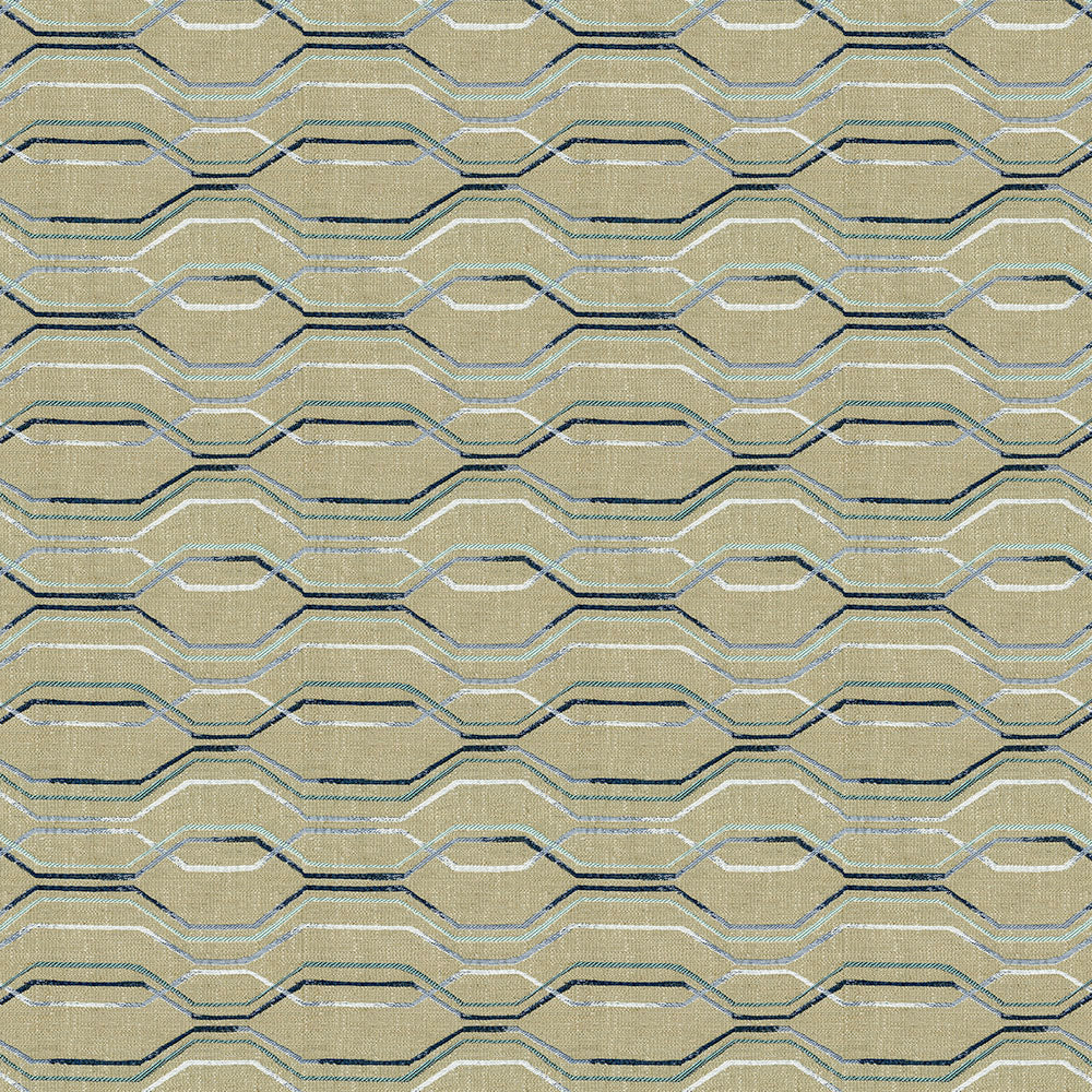 Beige textile with repeating navy and pale-blue geometric hexagon chevron pattern.