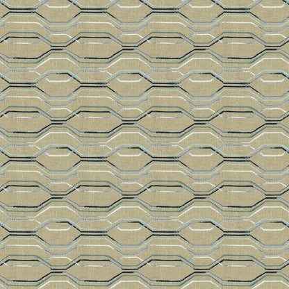 Beige textile with repeating navy and pale-blue geometric hexagon chevron pattern.