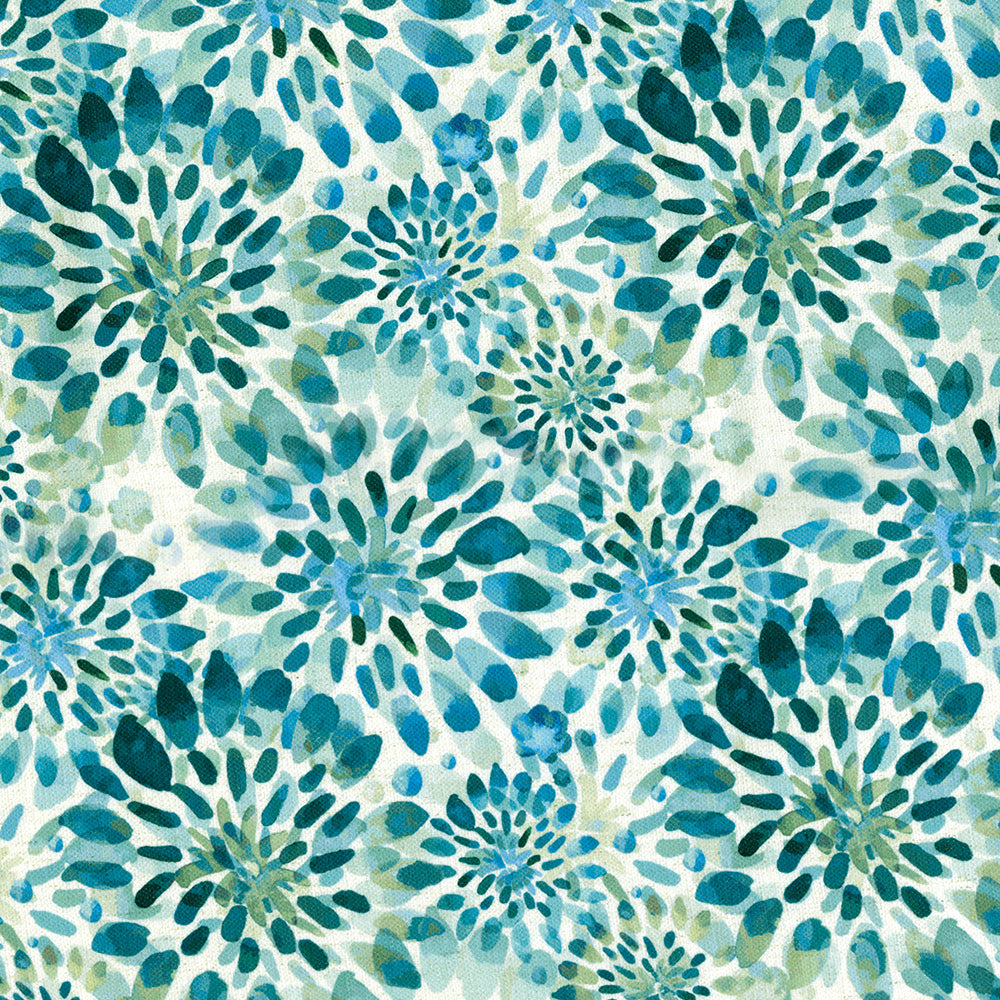 Teal, blue & green watercolor floral burst print with circular dandelion shapes on fabric, modern botanical textile design.