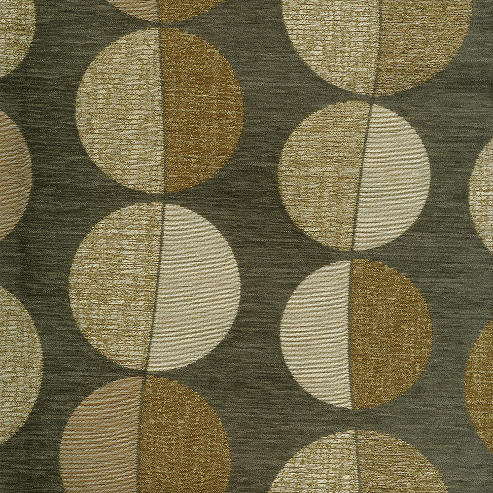 Geometric fabric with overlapping circles in olive, beige & taupe on charcoal background; textured woven surface.