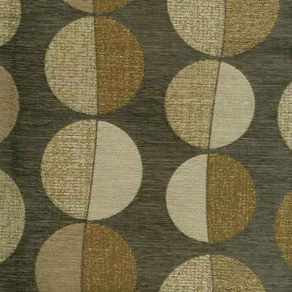 Geometric fabric with overlapping circles in olive, beige & taupe on charcoal background; textured woven surface.