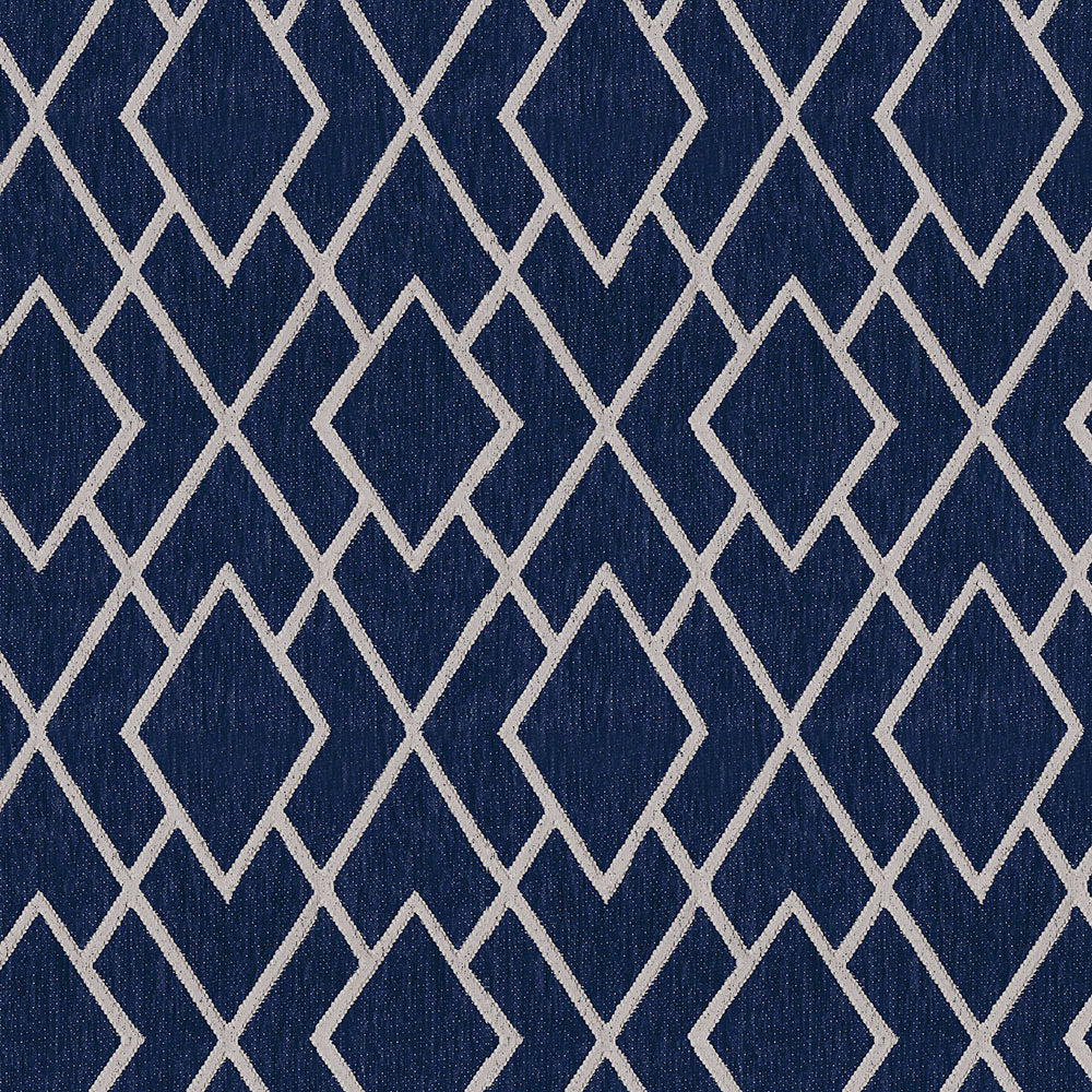 Navy geometric fabric with interlocking silver-gray diamond lattice; modern geometric pattern.