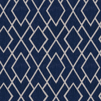 Navy geometric fabric with interlocking silver-gray diamond lattice; modern geometric pattern.