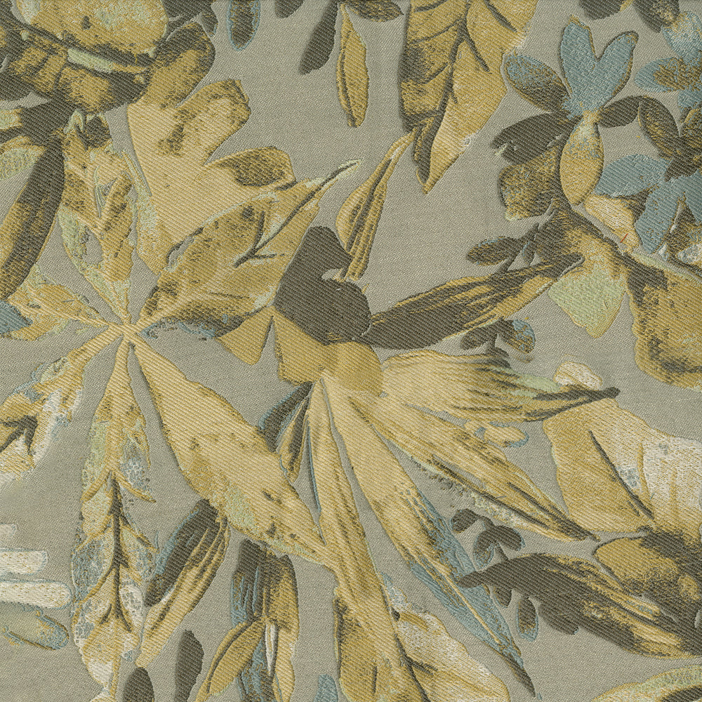 Gold, blue, & gray tropical leaf print fabric with textured weave; upholstery or drapery textile.