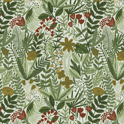 Cream botanical print with assorted green leaves, ferns, and yellow and red flowers; nature-inspired pattern for fabric.