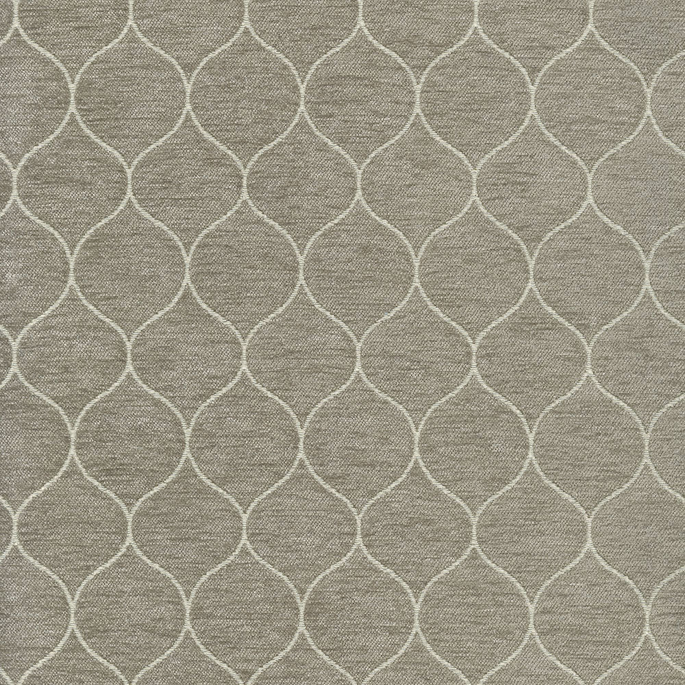Taupe woven fabric with white curved lattice trellis pattern; upholstery or drapery textile.
