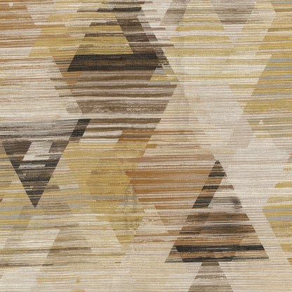 Geometric fabric featuring overlapping beige, tan, gold and brown triangles with a woven texture.