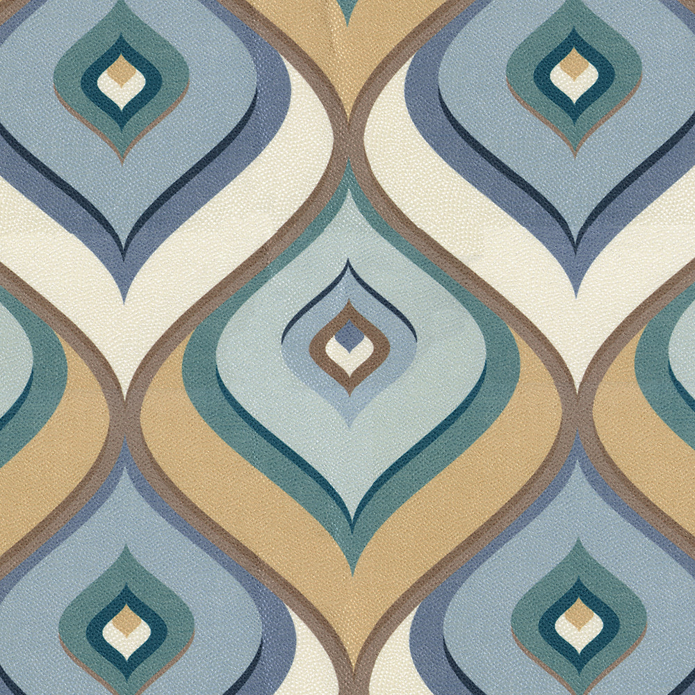 Geometric teardrop pattern in teal, blue, cream, beige and brown on fabric; retro mid-century textile for upholstery.