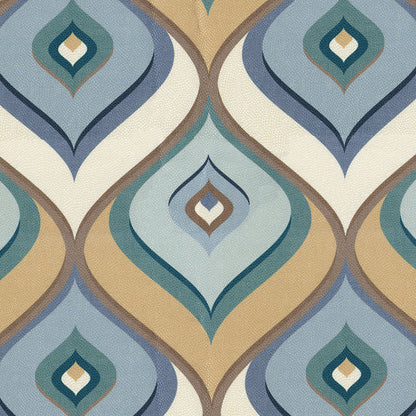 Geometric teardrop pattern in teal, blue, cream, beige and brown on fabric; retro mid-century textile for upholstery.