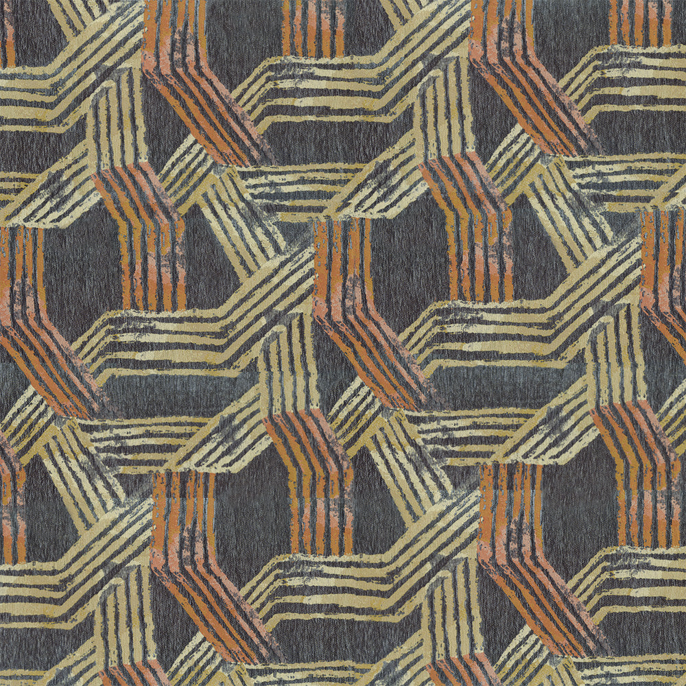 Geometric interlocking chevron stripes in beige, orange and olive on dark gray fabric.
