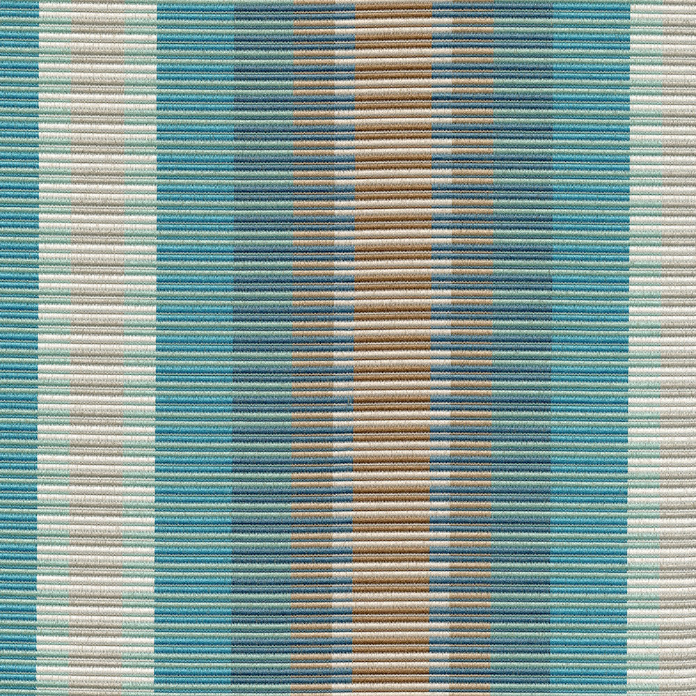 Woven striped fabric in teal, blue, beige and tan vertical bands with a textured, rug-like surface.