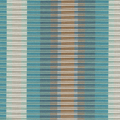Woven striped fabric in teal, blue, beige and tan vertical bands with a textured, rug-like surface.