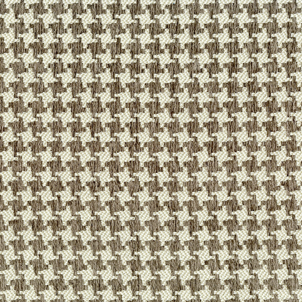 Beige-brown houndstooth fabric pattern with tight weave, suitable for clothing or upholstery.