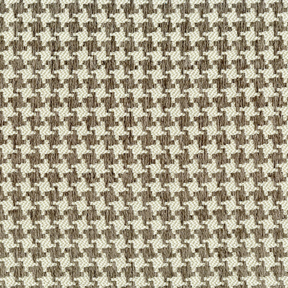 Beige-brown houndstooth fabric pattern with tight weave, suitable for clothing or upholstery.