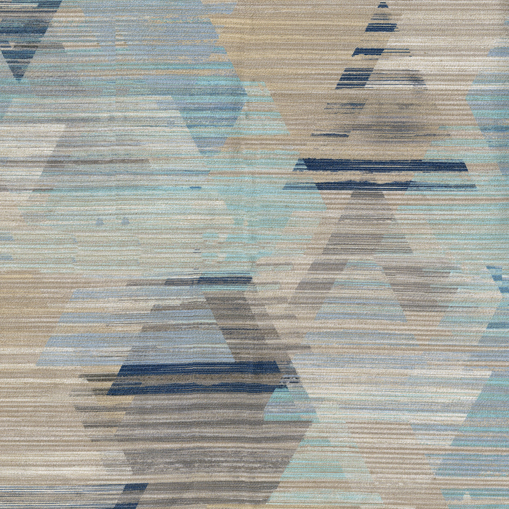 Abstract geometric fabric with blue, teal and beige triangles in a striped weave; flatweave.