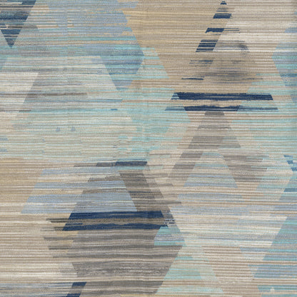 Abstract geometric fabric with blue, teal and beige triangles in a striped weave; flatweave.