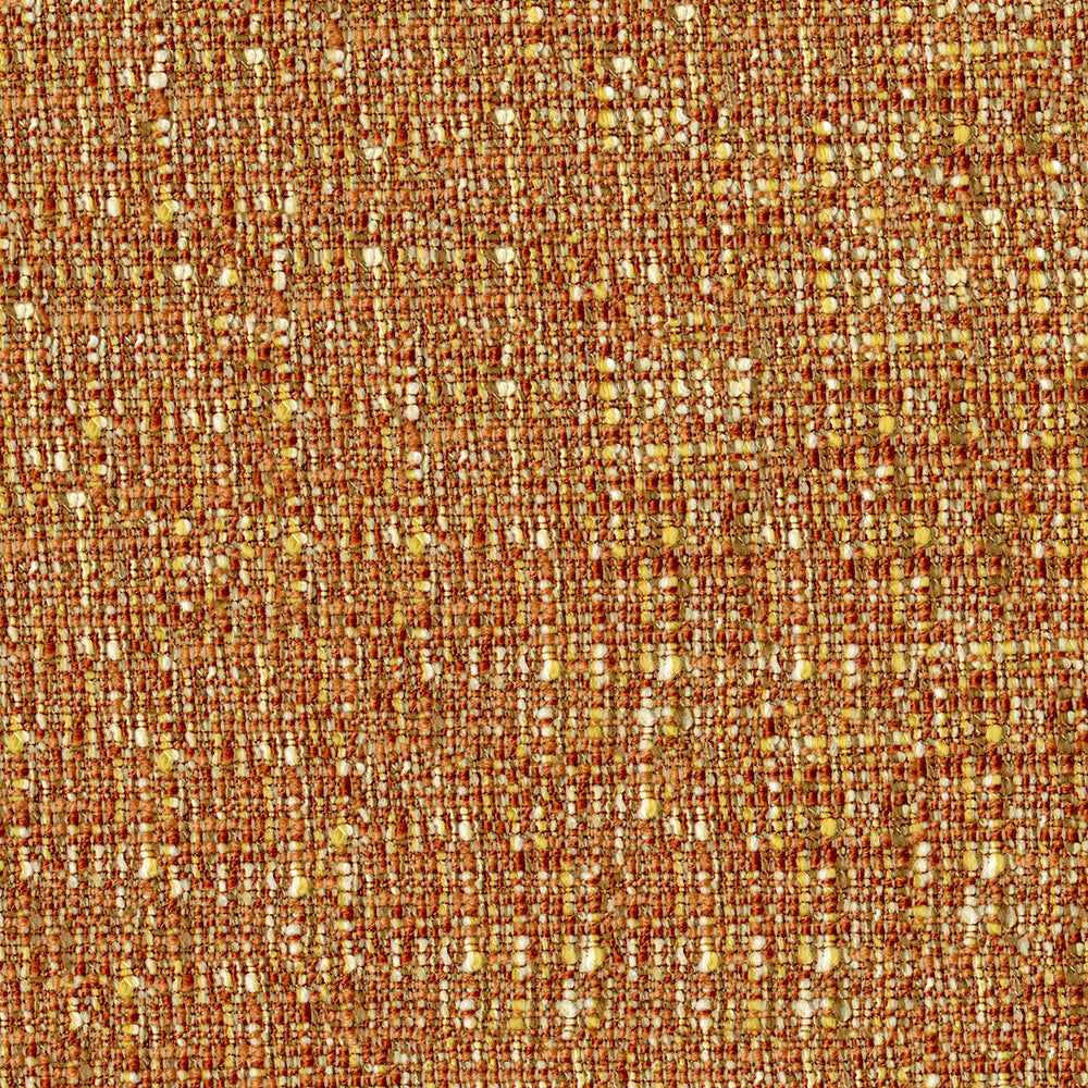 Orange-brown tweed fabric texture with gold metallic flecks and a dense woven pattern.