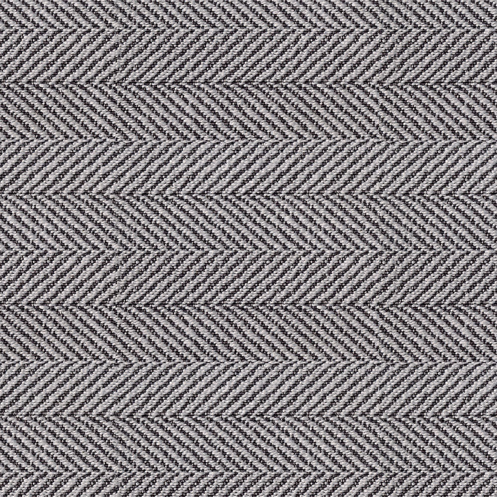 Silver herringbone tweed fabric with diagonal chevron weave; ideal for jackets and upholstery.
