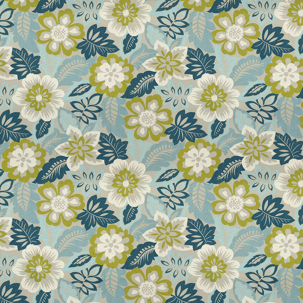 Floral fabric pattern with blue, teal, white and olive-green flowers and leaves on a light blue background.