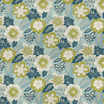 Floral fabric pattern with blue, teal, white and olive-green flowers and leaves on a light blue background.