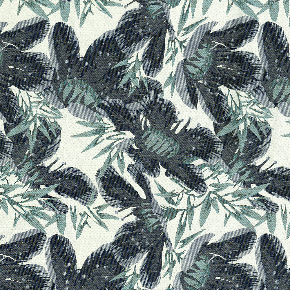 Dark navy and teal tropical palm leaf pattern on pale mint background; seamless botanical fabric print.