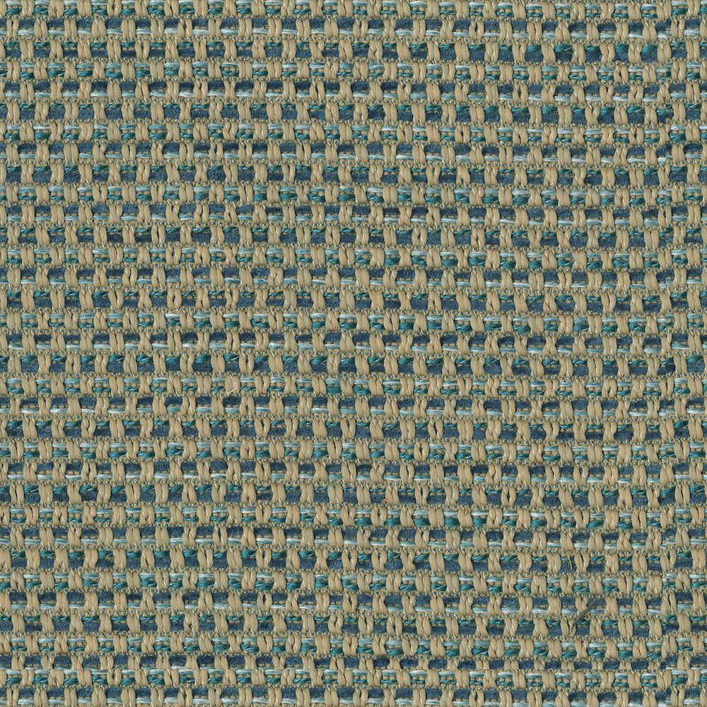 Close-up of blue and beige woven upholstery fabric with a basketweave pattern and textured threads.