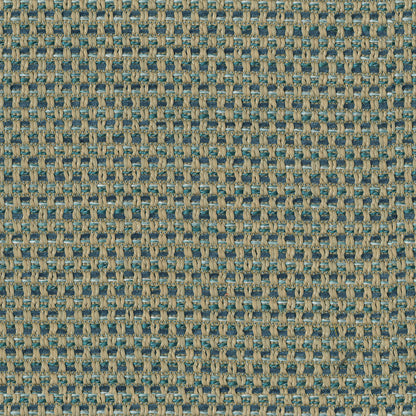 Close-up of blue and beige woven upholstery fabric with a basketweave pattern and textured threads.