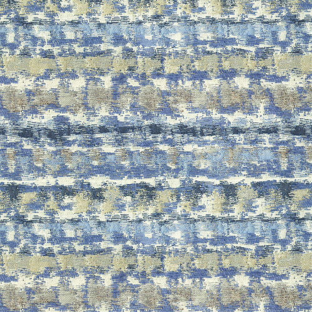Blue and beige abstract striped fabric with an irregular mottled pattern and woven texture.