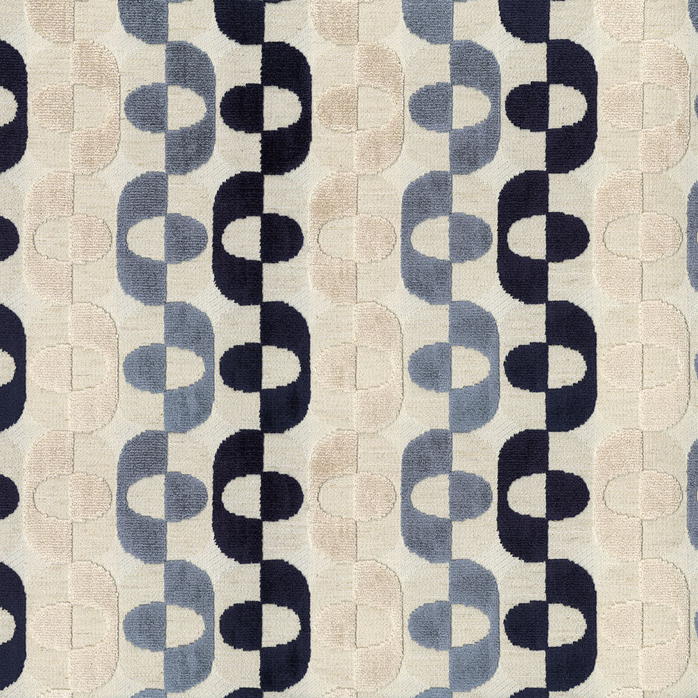 Geometric velvet fabric in true blue with vertical rows of linked circles; upholstery textile.