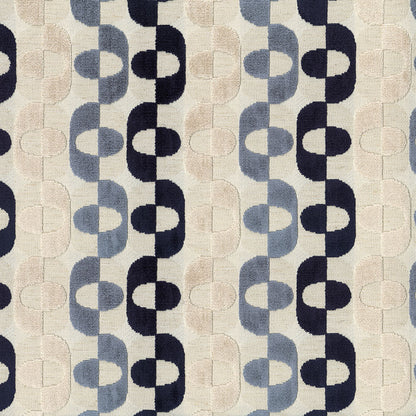Geometric velvet fabric in true blue with vertical rows of linked circles; upholstery textile.