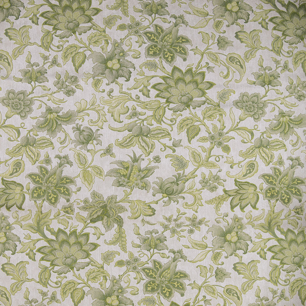 Beige fabric with a green floral damask pattern featuring leaves and blossoms; vintage botanical upholstery textile.