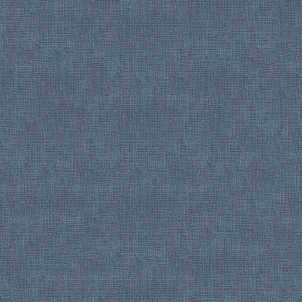 Blue woven fabric texture close-up with crosshatched linen weave, denim-blue swatch.