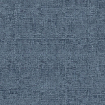 Blue woven fabric texture close-up with crosshatched linen weave, denim-blue swatch.