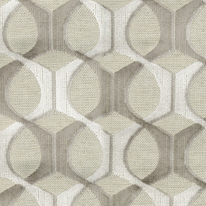 Neutral geometric pattern: interlocking hex & oval shapes in beige & taupe on oyster velvet fabric, textured.