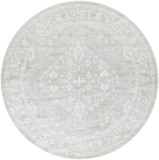 Round area rug in light gray with subtle vintage oriental medallion motif and distressed pattern.