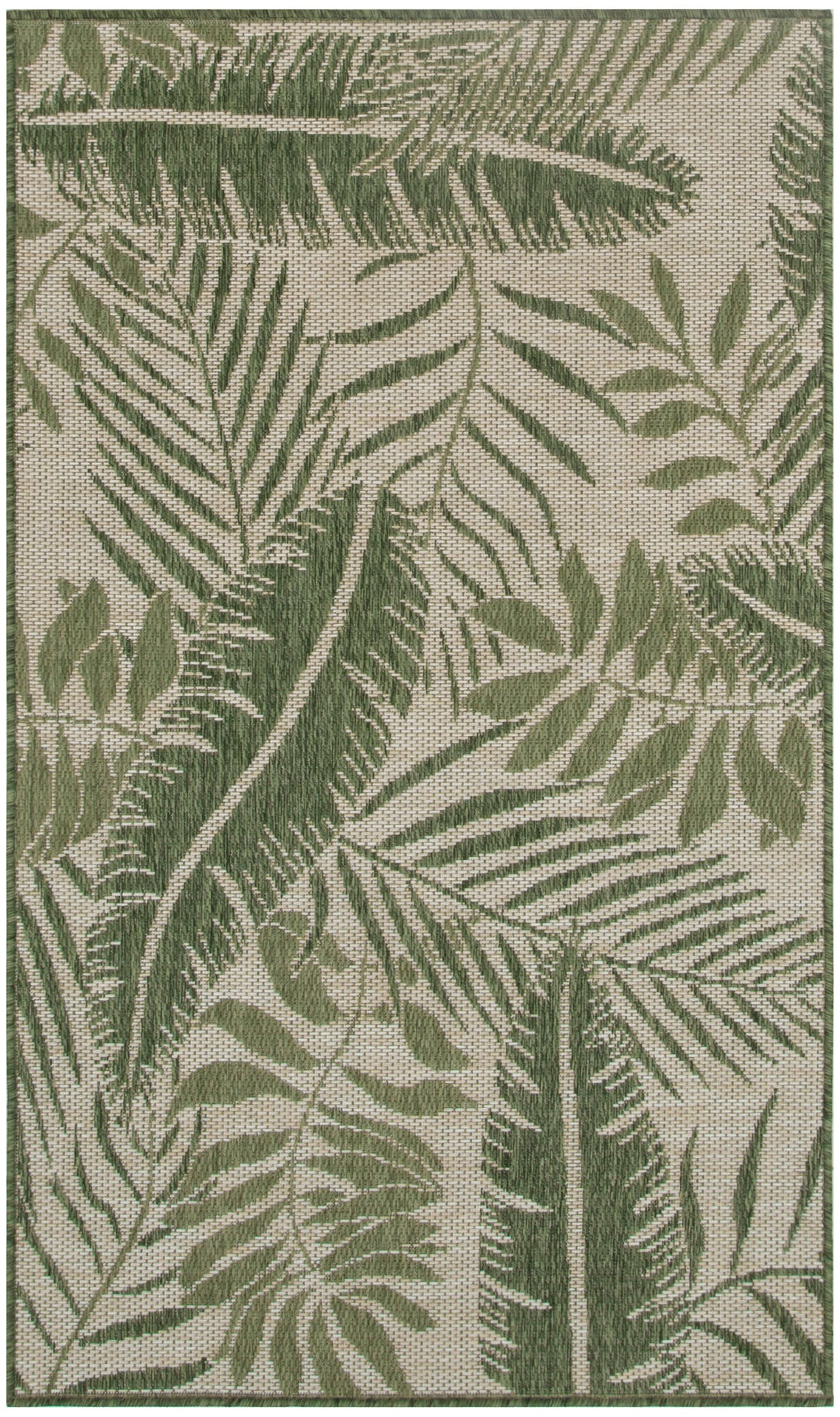 Green fern leaf pattern on beige outdoor woven rug; botanical decor.