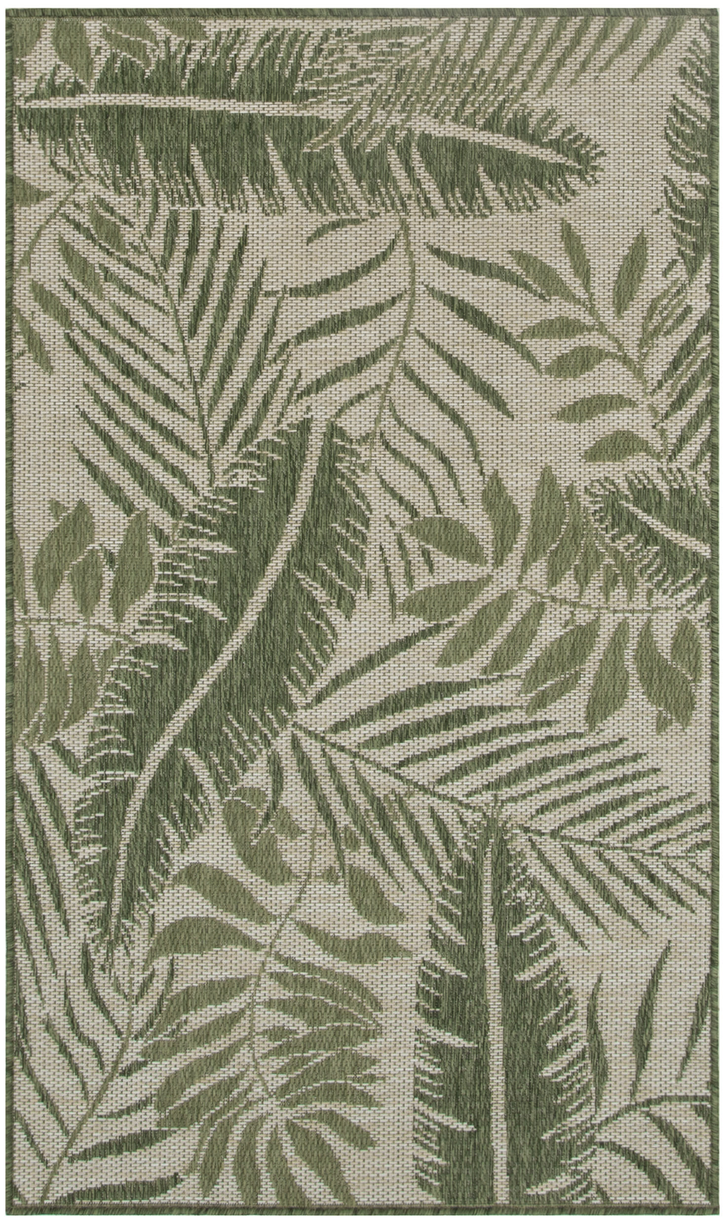 Green fern leaf pattern on beige outdoor woven rug; botanical decor.