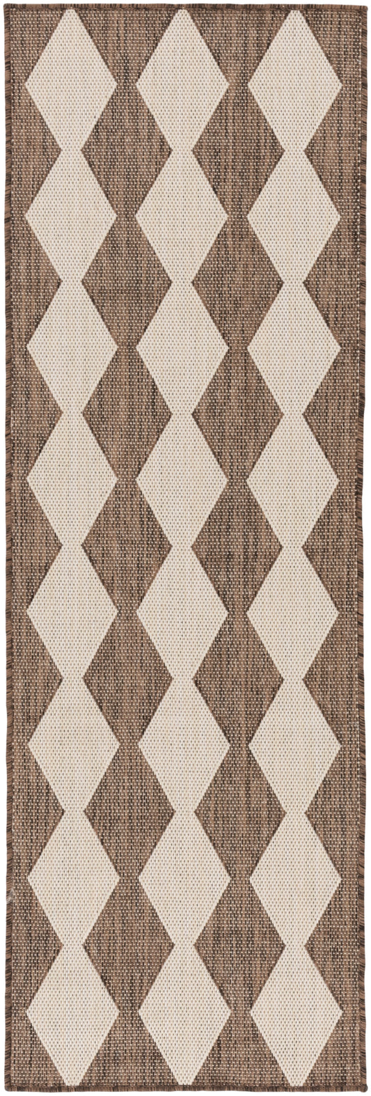 Woven rectangular runner rug in brown and cream with bold diamond pattern and textured weave.