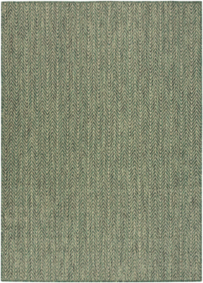 Rectangular green chevron-pattern rug with beige accents; woven textured surface, modern, versatile for living room.