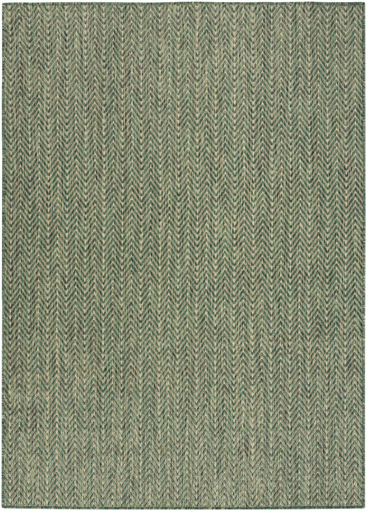 Rectangular green chevron-pattern rug with beige accents; woven textured surface, modern, versatile for living room.