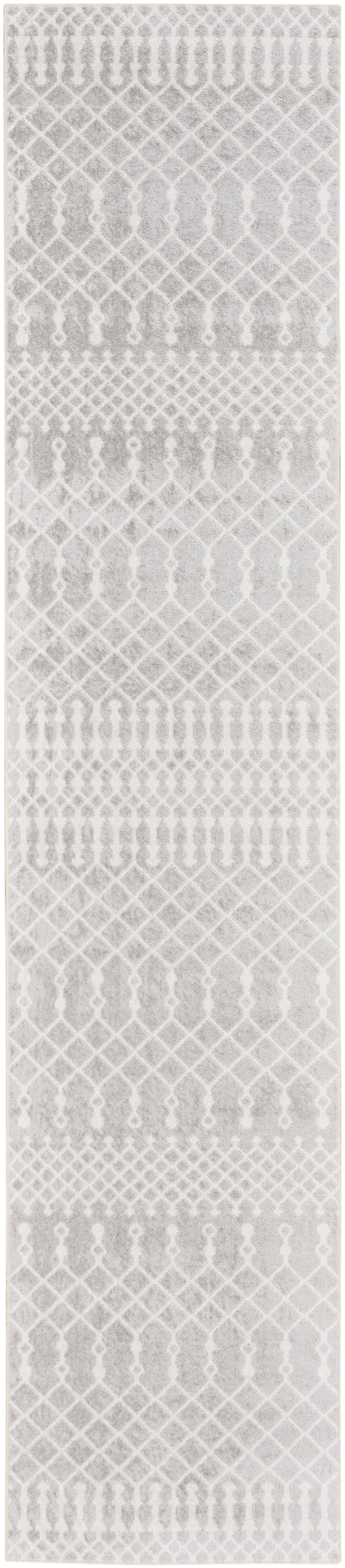 Light grey Bohemian-style rug runner with a geometric lattice motif.
