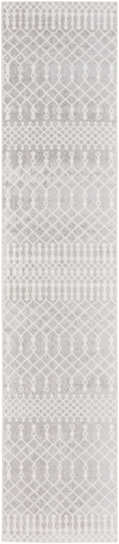 Light grey Bohemian-style rug runner with a geometric lattice motif.