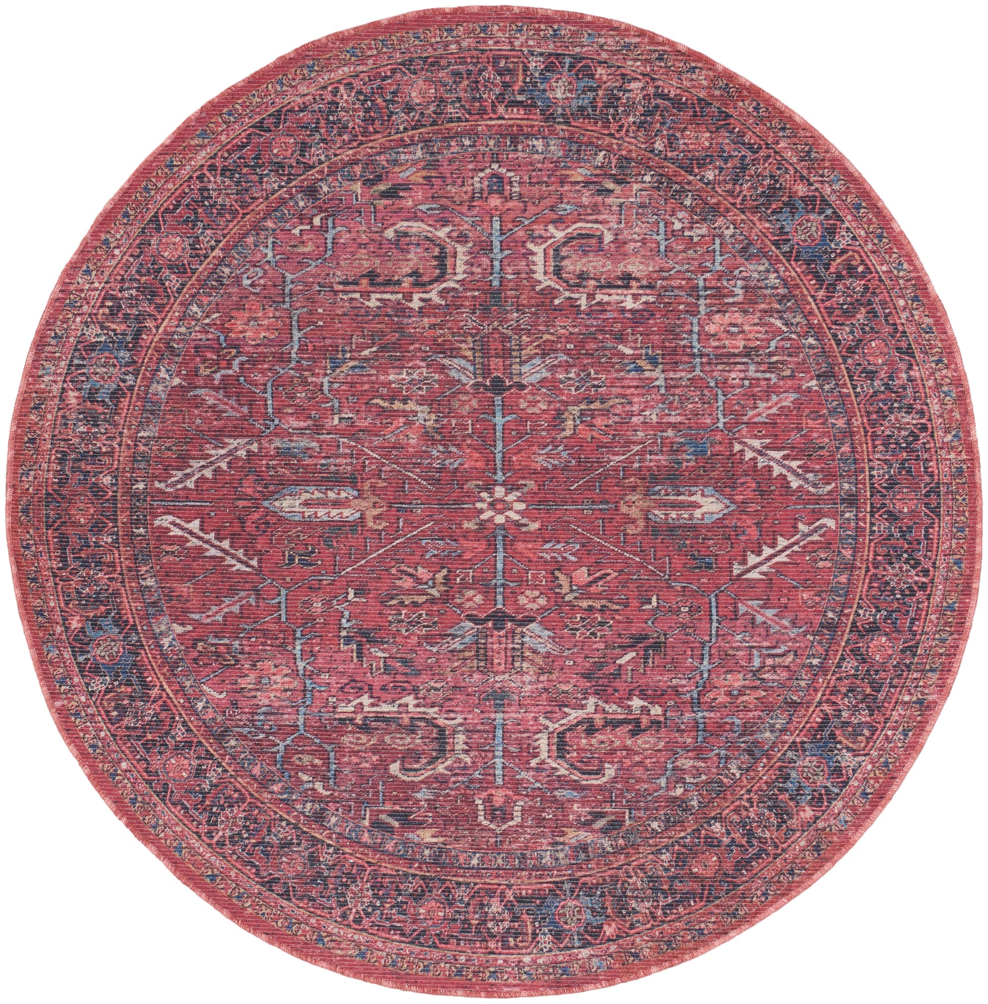 Round Persian-style rug; red field with blue and ivory floral border and central motifs, vintage distressed finish.