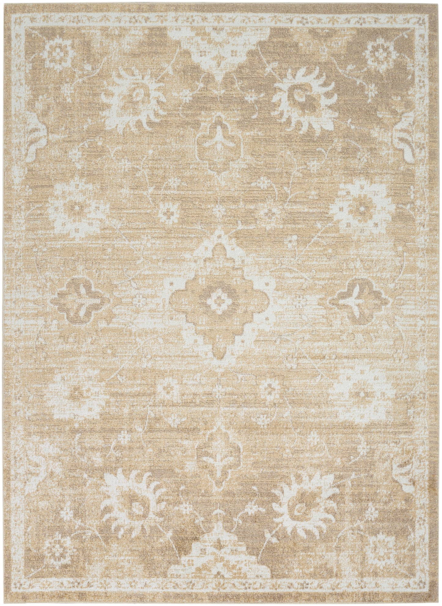 Beige oriental area rug with ivory floral medallions and distressed pattern, rectangular woven rug.