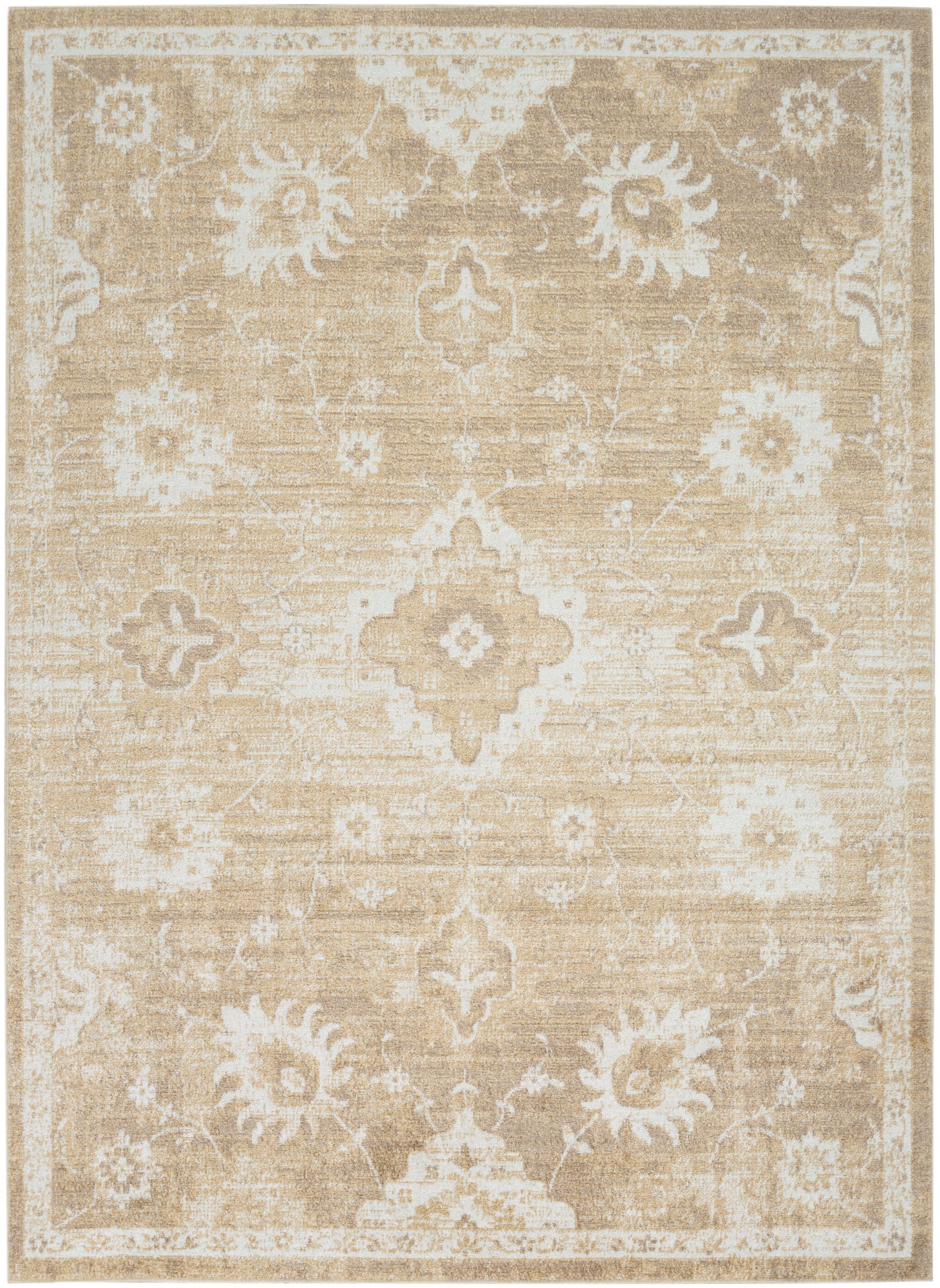 Beige oriental area rug with ivory floral medallions and distressed pattern, rectangular woven rug.